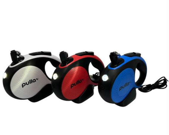 Pulla Pro LED Retractable Lead USB 30kg - White/Blue/Red for Dogs