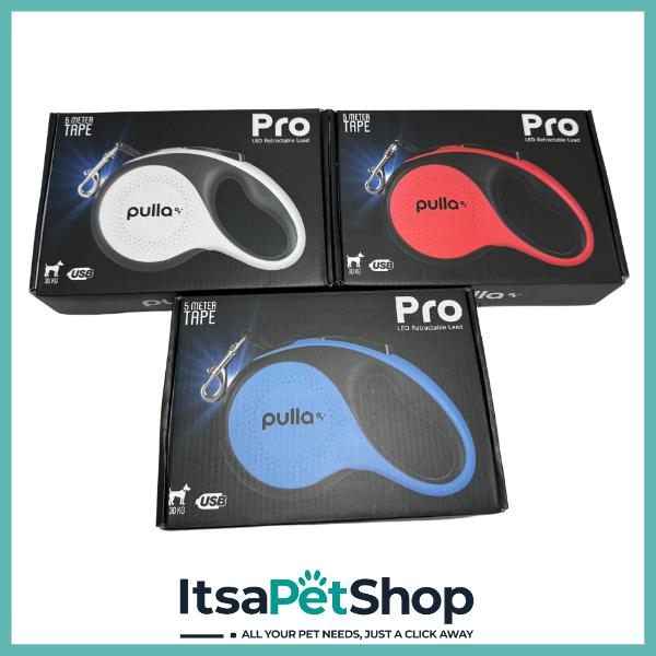 Pulla Pro LED Retractable Lead USB 30kg - White/Blue/Red for Dogs