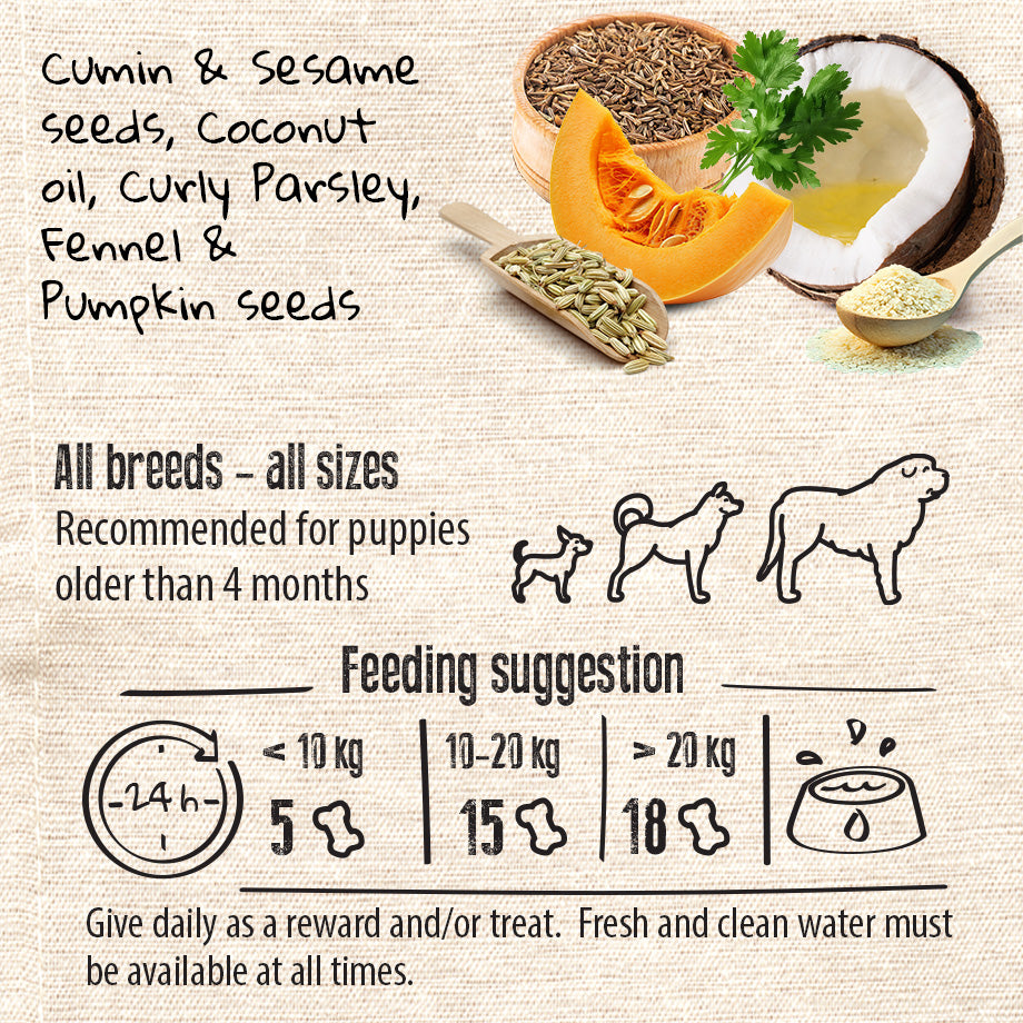 Vegan Natural Functional treat for dogs – Grain Free  ANTIPARASITIC